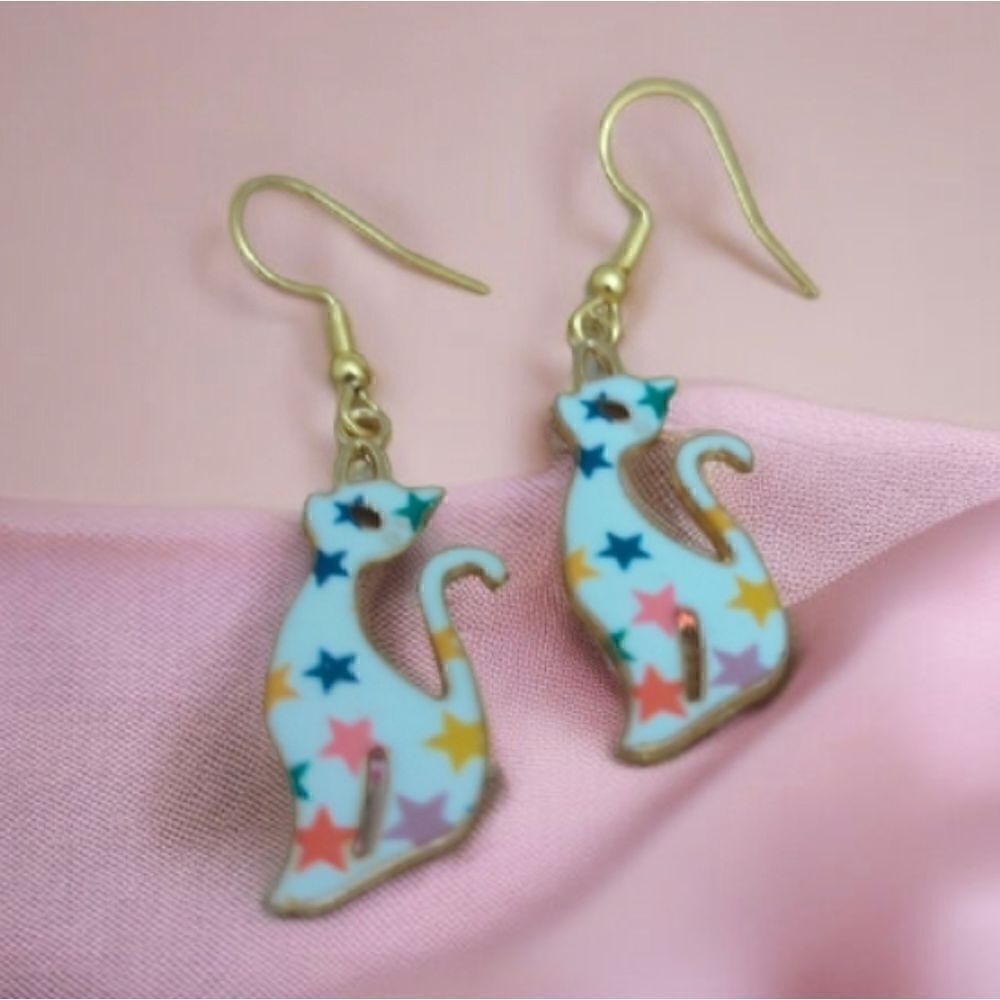 Cat Design Colorful Stars Pattern Kitty Earrings - Picture 6 of 7